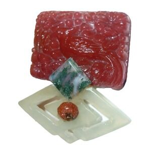 Vintage Faux Jade Molded Glass Chinese Oriental Peking Glass Brooch Cinnabar